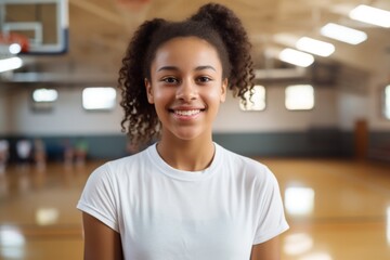 Wall Mural - Portrait of a young African American woman in indoor basketball gym