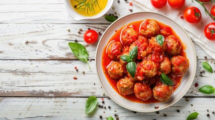 Wall Mural - Juicy rabbit meatballs with tomato sauce on a white wooden table, flat lay shot