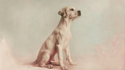 Poster -   Large white dog on white floor, pink & white backdrop, gazing sky