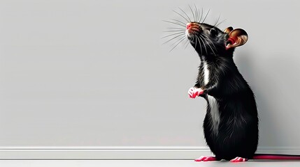 Wall Mural -   A black-and-white rat perched upright on hind legs, front paws on hind legs, gazing upward at a gray wall