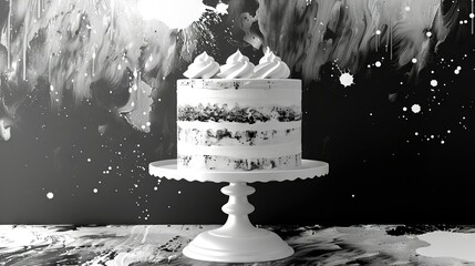 Wall Mural -   Black-and-white image of a cake on a table against a wall with a painting behind it