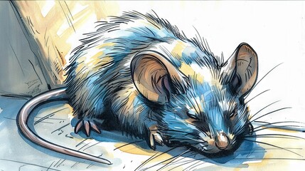 Wall Mural -   An image of a rat positioned prone on the floor with its nose pointed downwards and tail dangling past its body