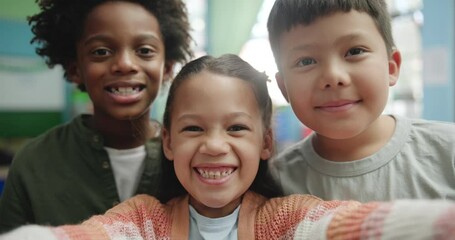 Canvas Print - Selfie, face and school children in classroom with smile for development, knowledge or happiness. Diversity, friends and young kids taking picture for social media, photography or education memory