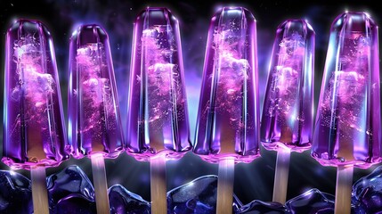 Wall Mural -  A row of purple lollipops atop a wooden stick against a dark backdrop