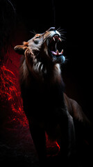 Wall Mural - Young lion in red black and white colors.