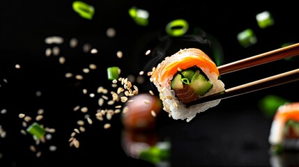 Poster - Close-up of fresh sushi roll held by chopsticks. Flying sesame seeds and vibrant garnish. Modern and dynamic food photography. Perfect for illustrating Japanese cuisine and sophisticated dining. AI