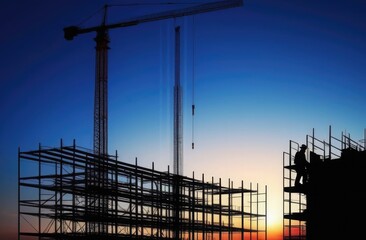 A building under construction and a crane at sunset in the form of a silhouette with a working builder