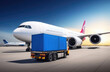 © Krystsina - A car with a blue trailer stands at the plane for loading. Airplane flight, cargo transportation