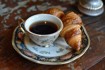 Poster - Vintage cup of black coffee paired with golden croissants on an ornate plate