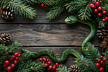 Wall Mural - wooden background with new year decoration and snake, symbol of 2025