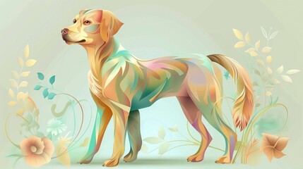 Sticker -  Dog standing on blue background with flowers and leaves on sides