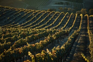 Rolling hills of lush vineyard, sunlight glinting off orderly rows of grapevines. A picturesque wine country landscape.