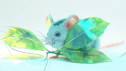 Wall Mural -   A mouse with a green leaf on its back and its face peeking out from behind a green leaf