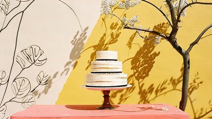 Wall Mural -  A white and black cake rests on a pink table beside a white-flowered tree