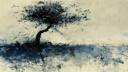 Canvas Print -   A tree painted amidst water, surrounded by a cloud-filled sky