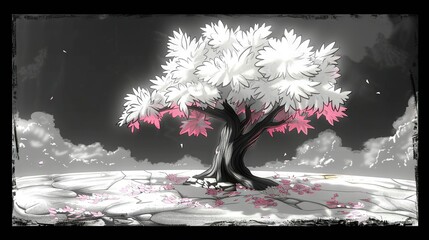 Sticker -   A monochrome depiction of a tree adorned with pink blossoms in the foreground against a backdrop of dark clouds