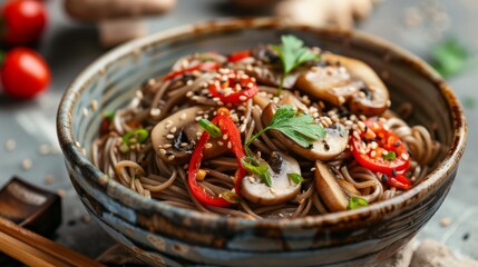 The national cuisine of Japan. Mushrooms with chili, ginger and soba noodles.