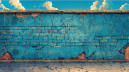 Wall Mural -   A stunning artwork of a blue brick wall featuring a vibrant red fire hydrant in the foreground, set against a captivating blue sky with fluffy clouds in the backdrop