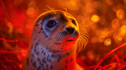 Wall Mural - Cute Seal Pup in Red Bokeh