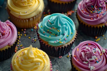 Poster - Assorted cupcakes with vibrant frosting and sprinkles, perfect for celebrations