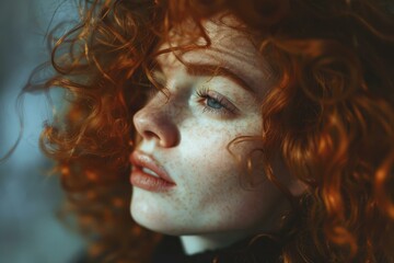 Sticker - Portrait of a dreamy young redhead woman with curly hair and freckles, showcasing her natural beauty and serene femininity in a pensive and thoughtprovoking closeup profile view