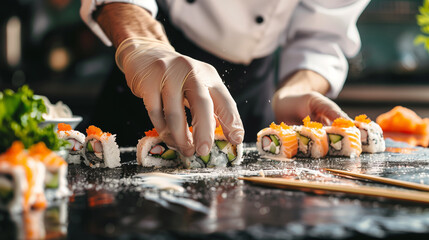 Chef in gloves making sushi roll at table, closeup