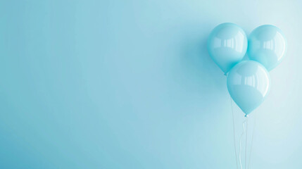 Three blue balloons floating against light blue background celebration concept. gender reveal party for boy, copy space