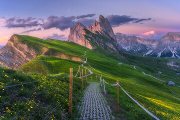 Wall Mural - seceda mountain at beautiful sunset in summer in dolomites, italy. colorful landscape with mountain 