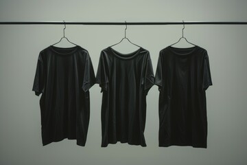 Three black t-shirts hanging on a rack against a gray background. Simple, minimalist scene.