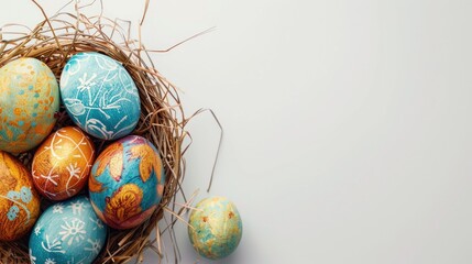 Canvas Print - Vibrant Easter eggs in basket on white backdrop Traditional celebration with space for text