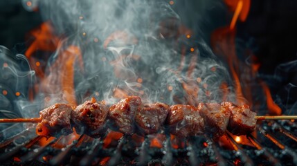 Sticker - Grilled meat skewers sizzling on barbecue grill with flames and smoke. Perfect for summer cookout, barbecue ads, or food blog. Concept of delicious outdoor cooking and grilling. AI