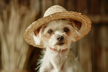 Sticker - Cute dog with expressive eyes wearing a straw hat poses charmingly