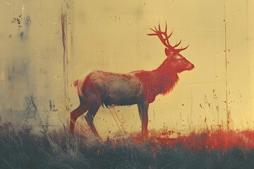 Poster - Red Deer in Grass Field