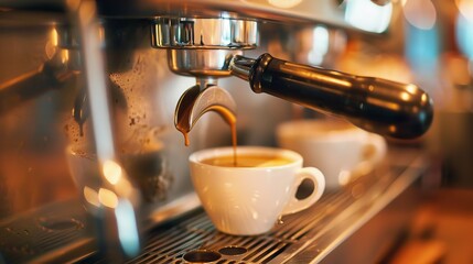 A classic espresso machine is shown brewing coffee into a white cup placed on the tray. The setup emphasizes the sophisticated equipment and the brewing process.