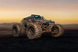 © IG Digital Arts - Post apocalyptic cyberpunk off road car in a desert landscape at sunset. 3D rendered illustration.