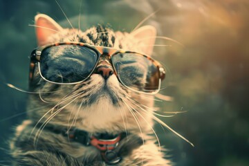 Wall Mural - Stylish cat wearing trendy sunglasses in a closeup portrait with chic and modern eyewear as a cool and fashionable feline accessory