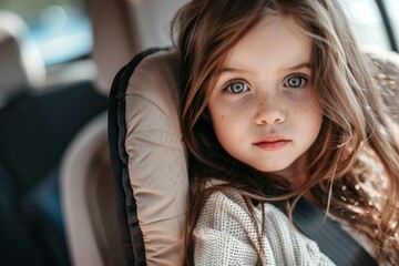 Poster - Closeup of a calm young girl with freckles sitting safely in a vehicle