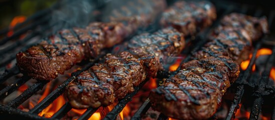 Canvas Print - Close-up of Grilled Meat on a Hot BBQ