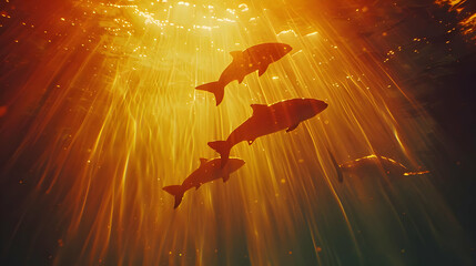 Poster - Silhouettes of Fish in Golden Water