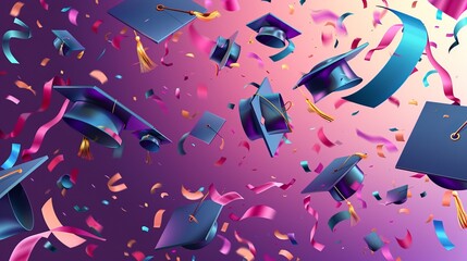 The image captures several blue graduation caps tossed in the air amidst a background populated with vibrant, multicolored confetti, signaling a grand celebration of graduation.