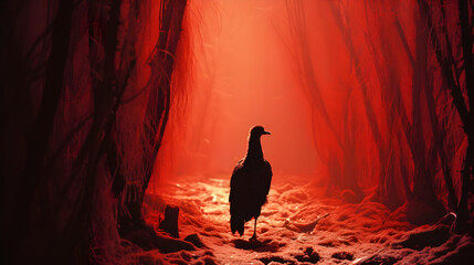 Canvas Print - Silhouette of a Bird in a Red Forest