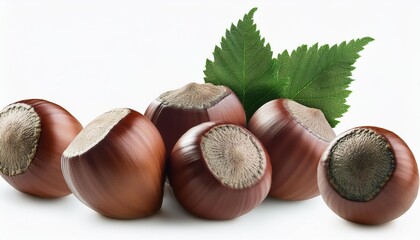 filbert nuts hazelnut with green leaf in png isolated on transparent background