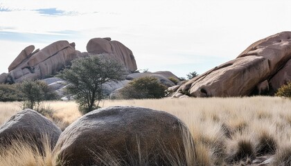 Wall Mural - isolate savanna dry grass meadow shrubs with rocks on transparent backgrounds 3d render png