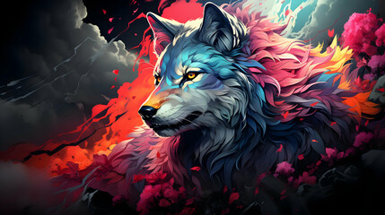 Wall Mural - Colorful Wolf in Bloom