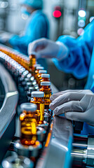 Wall Mural - Pharmacist scientist with sanitary gloves examining medical vials on production line conveyor belt in pharmaceutical healthcare factory manufacturing prescription drugs medication mass production