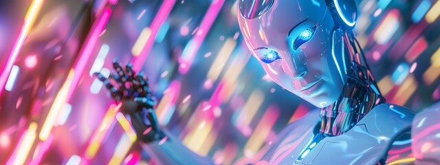 Wall Mural - futuristic ai robot on a pink and purple neon background with plexus effect. artificial intelligence