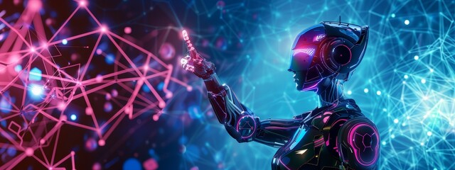 Wall Mural - futuristic ai robot on a pink and purple background with plexus effect. artificial intelligence cybo
