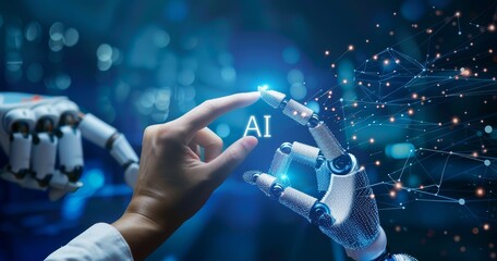 Wall Mural - white ai cyborg hand touches a human hand. artificial intelligence and human connection. futuristic 