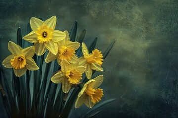 Poster - Vibrant image of fresh daffodils with water droplets on a dreamy, textured background