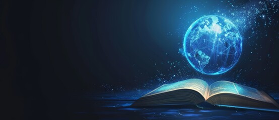 Wall Mural - an open book with a blue glowing globe above it symbolizing the power of knowledge and education. wo